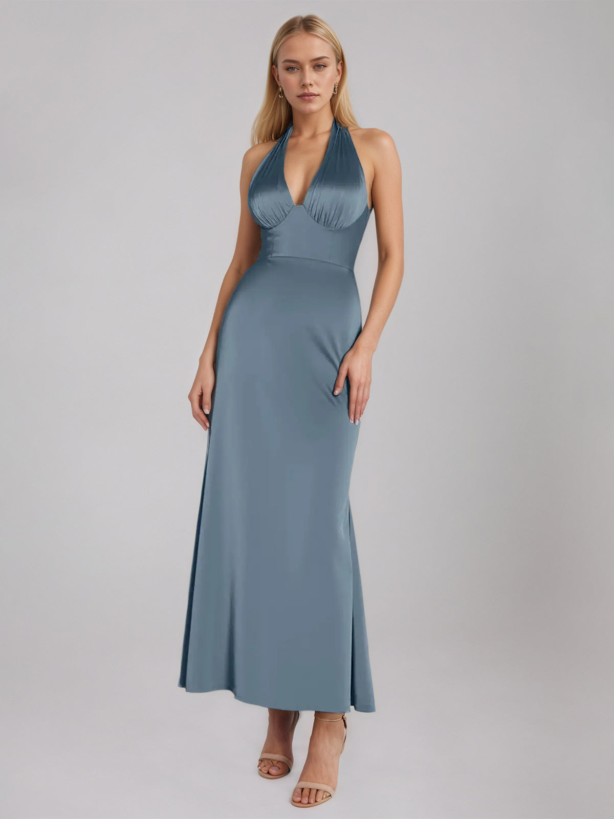 Slate Blue Sheath/Column Satin Halter Sleeveless Ankle Length Dress