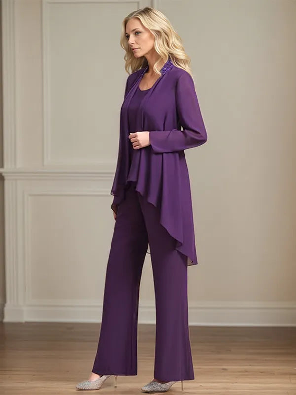 Tailleur pantalone da madre della sposa in chiffon con scollo a U, maniche lunghe e lunghezza fino a terra