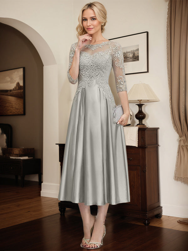 Silbernes A-Linien Illusions-Ausschnitt Teelanges Spitzen-Satin Kleid für die Brautmutter mit Perlen und Pailletten