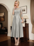 Silbernes A-Linien Illusions-Ausschnitt Teelanges Spitzen-Satin Kleid für die Brautmutter mit Perlen und Pailletten