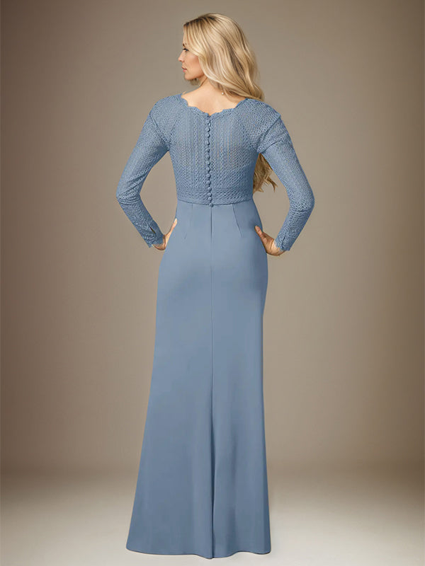 Dusty Blue Stretch Crepe Boat Neck Long Sleeves Floor Length Dress