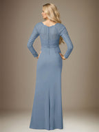 Dusty Blue Stretch Crepe Boat Neck Long Sleeves Floor Length Dress