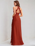 Vermilion Satin A Line V Neck Sleeveless Floor Length Bridesmaid Dress With Ruffle