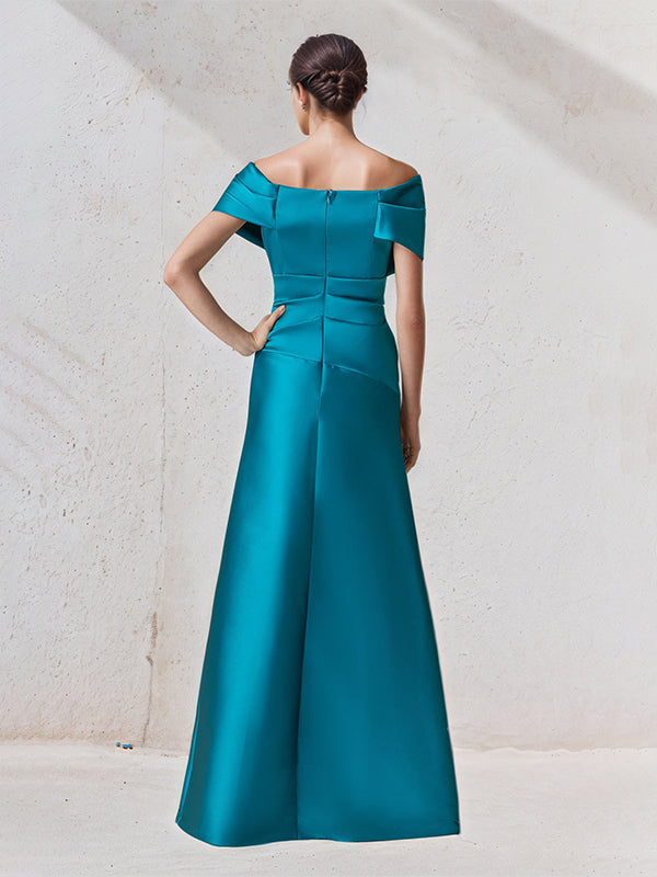 A Line Off The Shoulder Floor Length Satin Mother Of The Bride Dress