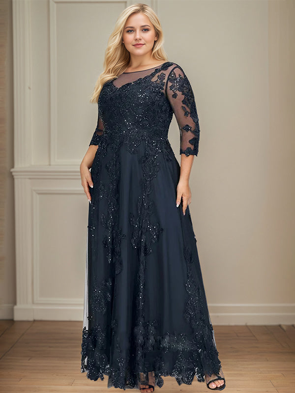 Vestido de madre de la novia de tul y encaje con ilusión en escote redondo, falda larga en línea A y lentejuelas
