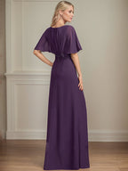 Vestido de madre de la novia largo de gasa en línea A con escote en V, apliques y plisados