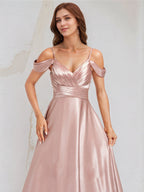 A Line Dusty Rose Satin Spaghetti Straps Sleeveless Floor Length Dress