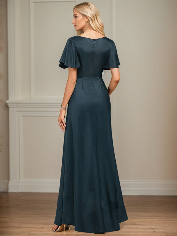 A-Linien asymmetrisches bodenlanges mattes Satin-Kleid für die Brautmutter mit Perlen, Pailletten und Falten