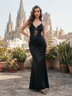 Black Deep V-Neck Lace-Panel Corset Mermaid Evening Dress