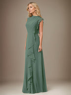 Eukalyptus A-Linien Chiffon Kleid mit hohem Kragen, ärmellos, bodenlang mit kaskadierenden Rüschen