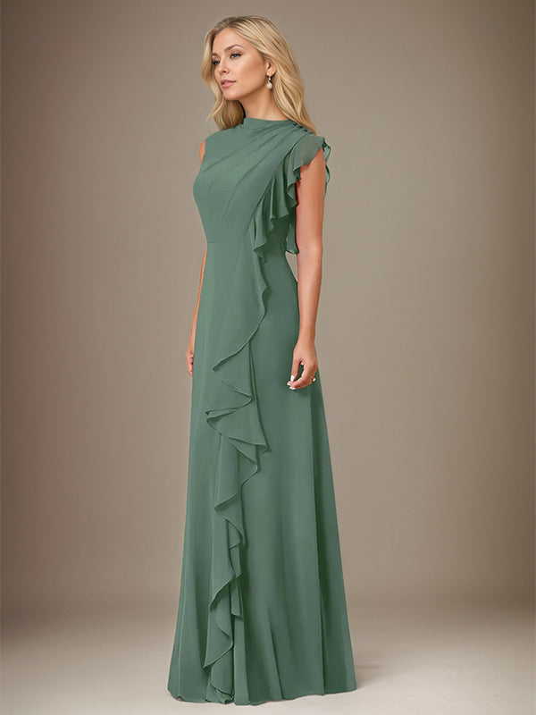 Eukalyptus A-Linien Chiffon Kleid mit hohem Kragen, ärmellos, bodenlang mit kaskadierenden Rüschen