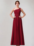 Burgundy A-Line One-Shoulder Floor-length Chiffon Bridesmaid Dress