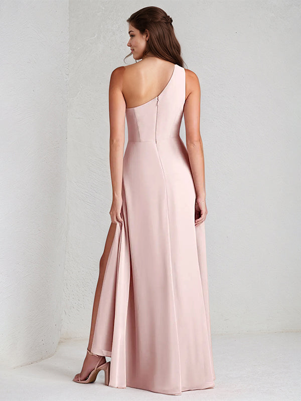A Line Pink Chiffon One Shoulder Sleeveless Ankle Length Dress With High Slit