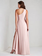 A Line Pink Chiffon One Shoulder Sleeveless Ankle Length Dress With High Slit