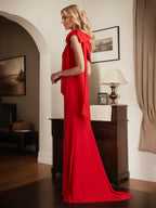 Rotes Etuikleid/One-Shoulder bodenlanges Kleid für die Brautmutter mit Schleife