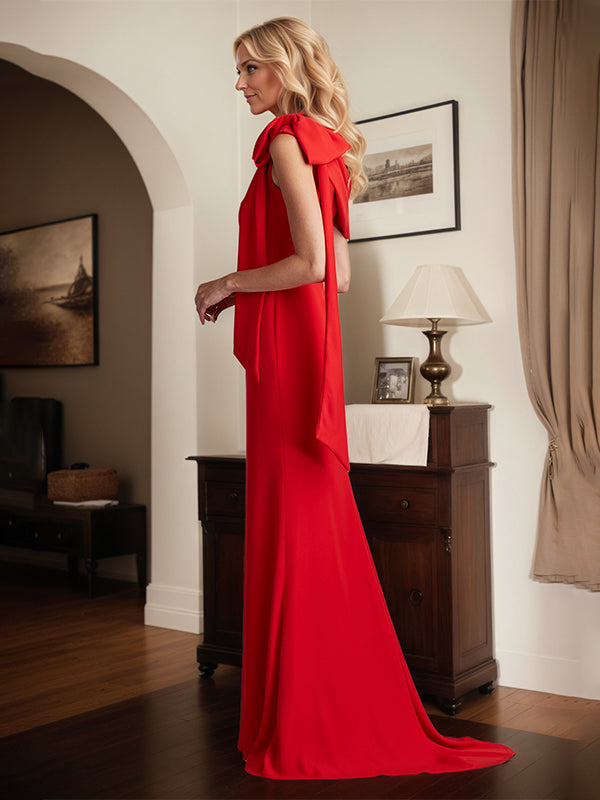 Rotes Etuikleid/One-Shoulder bodenlanges Kleid für die Brautmutter mit Schleife