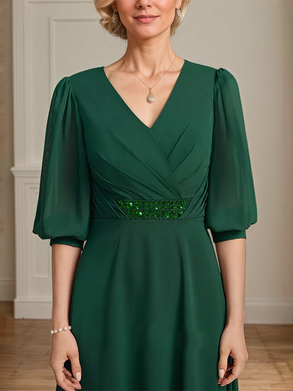 Vestido de madre de la novia en línea A, largo hasta el tobillo, de gasa con escote en V, lentejuelas plisadas y bordado