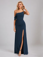 Dark Navy Sheath/Column One Shoulder Sleeveless Floor-Length Chiffon Bridesmaid Dress
