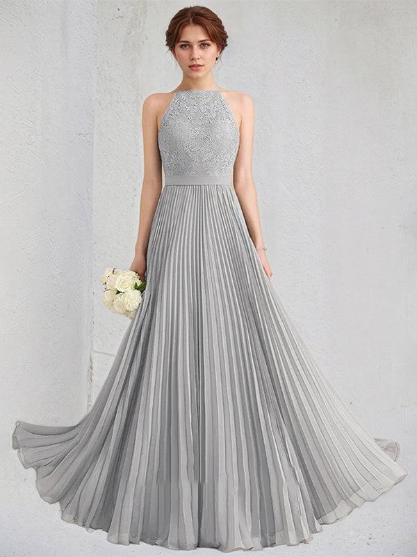 Silbernes A-Linien U-Ausschnitt bodenlanges Spitzen Chiffon Kleid mit Falten