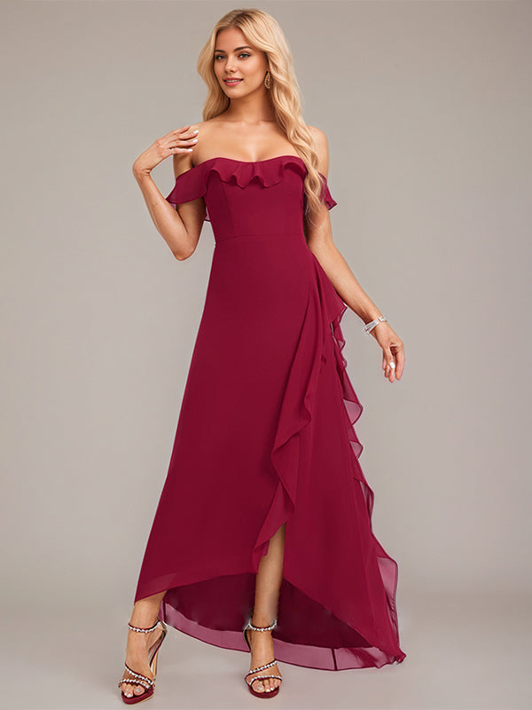 Burgundy A-Line Off The Shoulder Asymmetrical Chiffon Bridesmaid Dress With Cascading Ruffles
