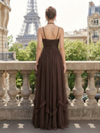Dark Brown V-Neck Sequin Tulle Evening Dress with Slit