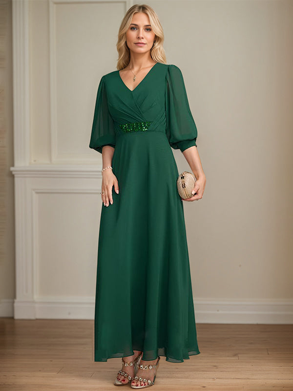 Vestido de madre de la novia en línea A, largo hasta el tobillo, de gasa con escote en V, lentejuelas plisadas y bordado