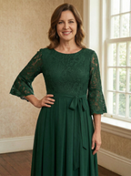 A-Linien Rundhals Knöchellanges Spitzenchiffon-Mutter-der-Braut-Kleid mit Schleife