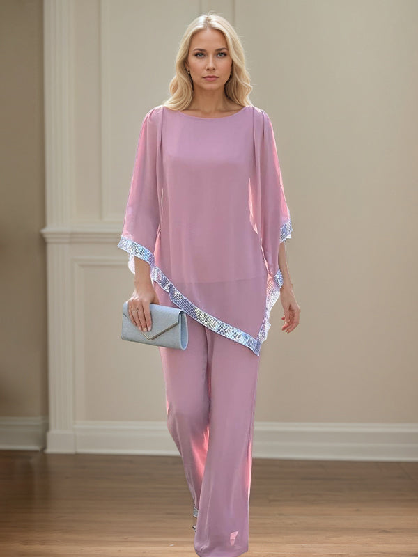 2 Piece Jumpsuit / Pantsuit Crew Neck Chiffon Mother of the Bride Dress