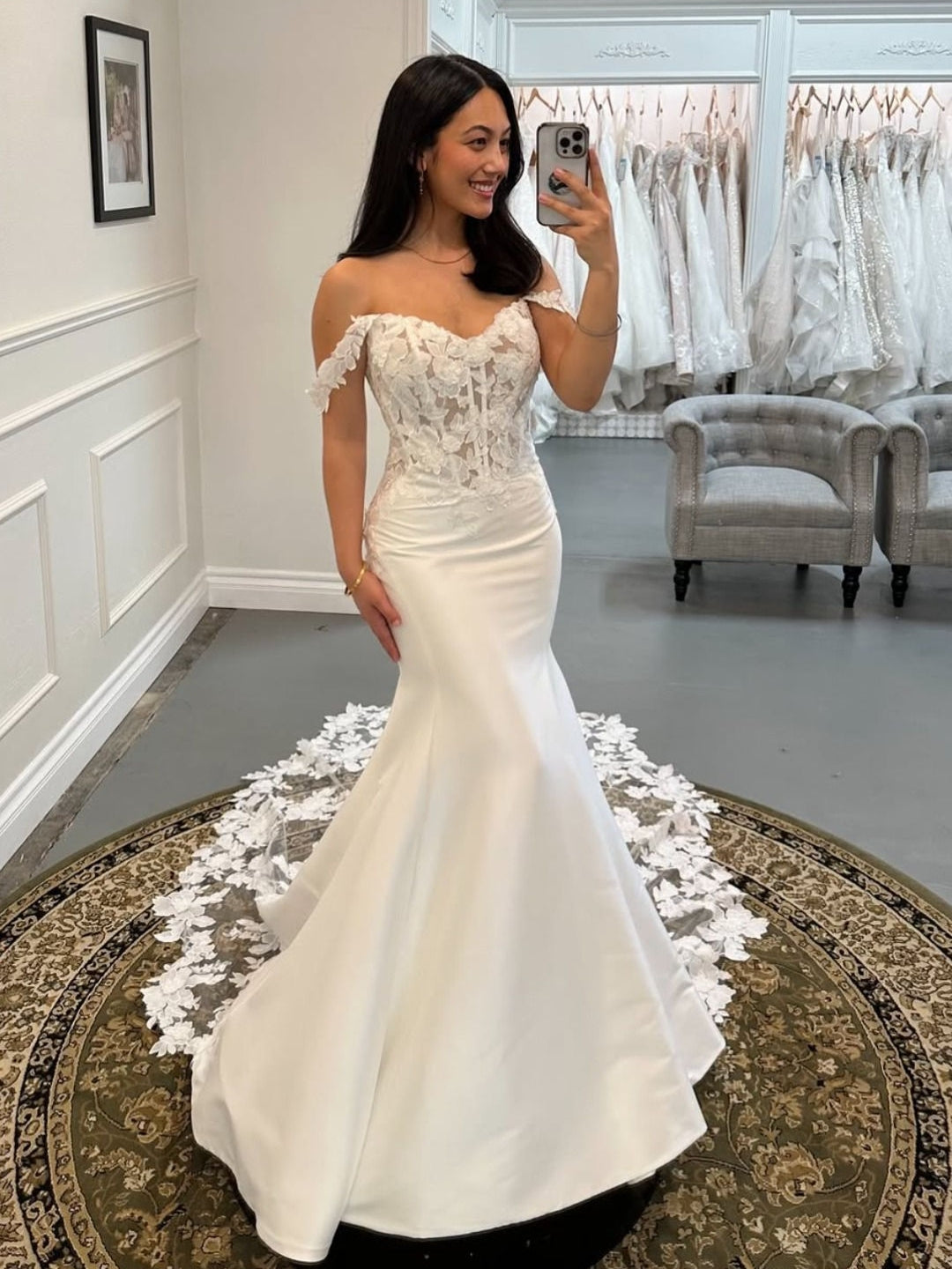 Off-the-Shoulder Corset Mermaid Wedding Dress with Lace Train
