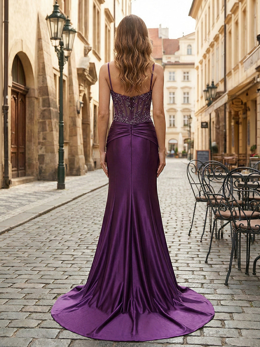 Robe de bal sirène longue en satin avec bretelles spaghetti, corset et appliqués