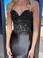 Navy Mermaid Sweetheart Lace Satin Long Prom Dress with Slit