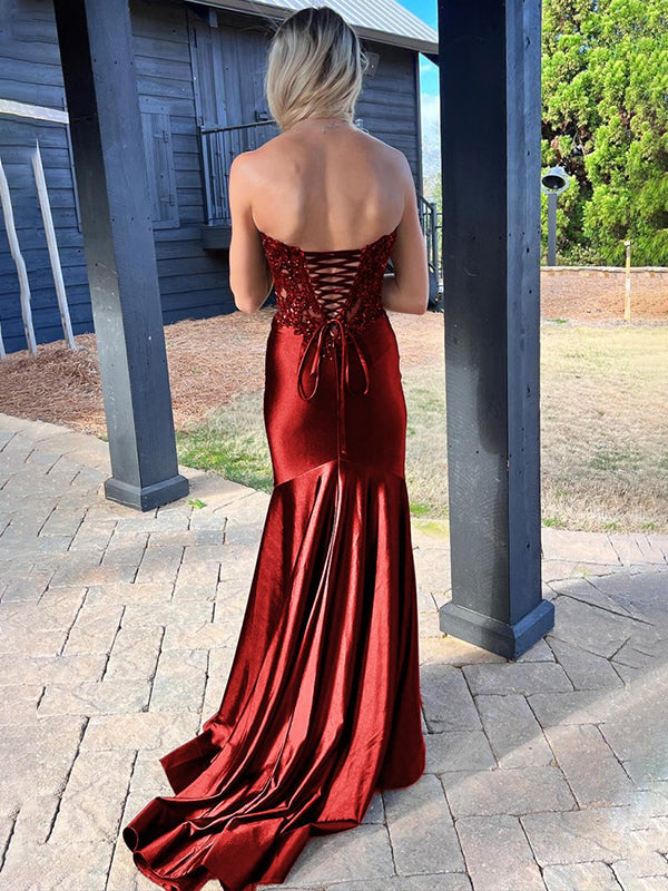 Navy Mermaid Sweetheart Lace Satin Long Prom Dress with Slit