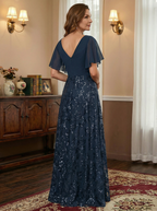 A-Linien V-Ausschnitt bodenlanges Spitzen-Chiffon Brautmutterkleid mit Pailletten und Plissees