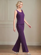 Tailleur pantalone da madre della sposa in chiffon con scollo a U, maniche lunghe e lunghezza fino a terra