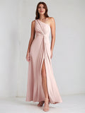 A Line Pink Chiffon One Shoulder Sleeveless Ankle Length Dress With High Slit