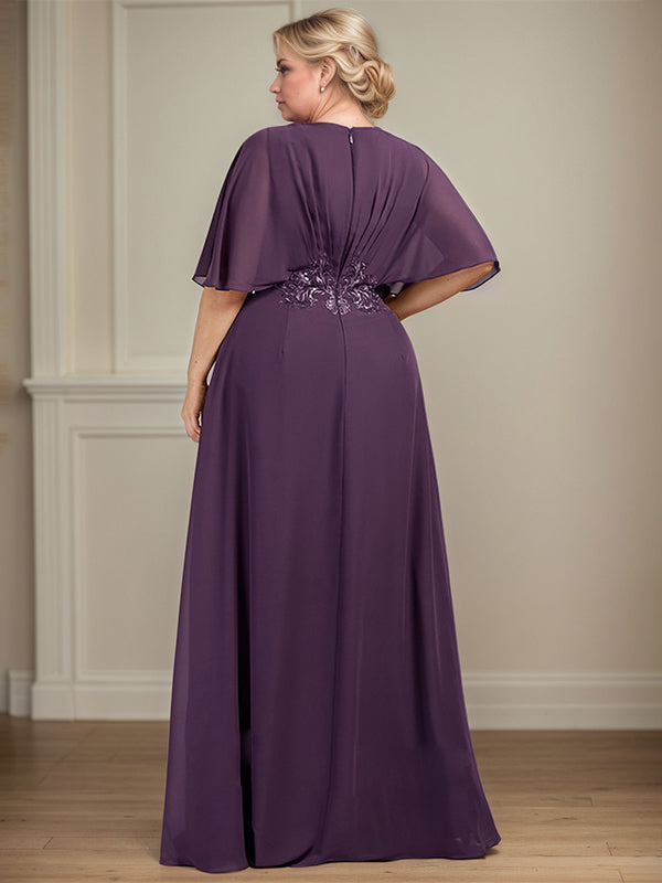 Vestido de madre de la novia largo de gasa en línea A con escote en V, apliques y plisados