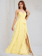 A Line Yellow Chiffon Spaghetti Straps Sleeveless Floor Length Dress With Ruffles
