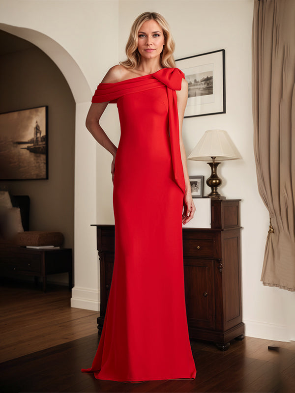 Rotes Etuikleid/One-Shoulder bodenlanges Kleid für die Brautmutter mit Schleife