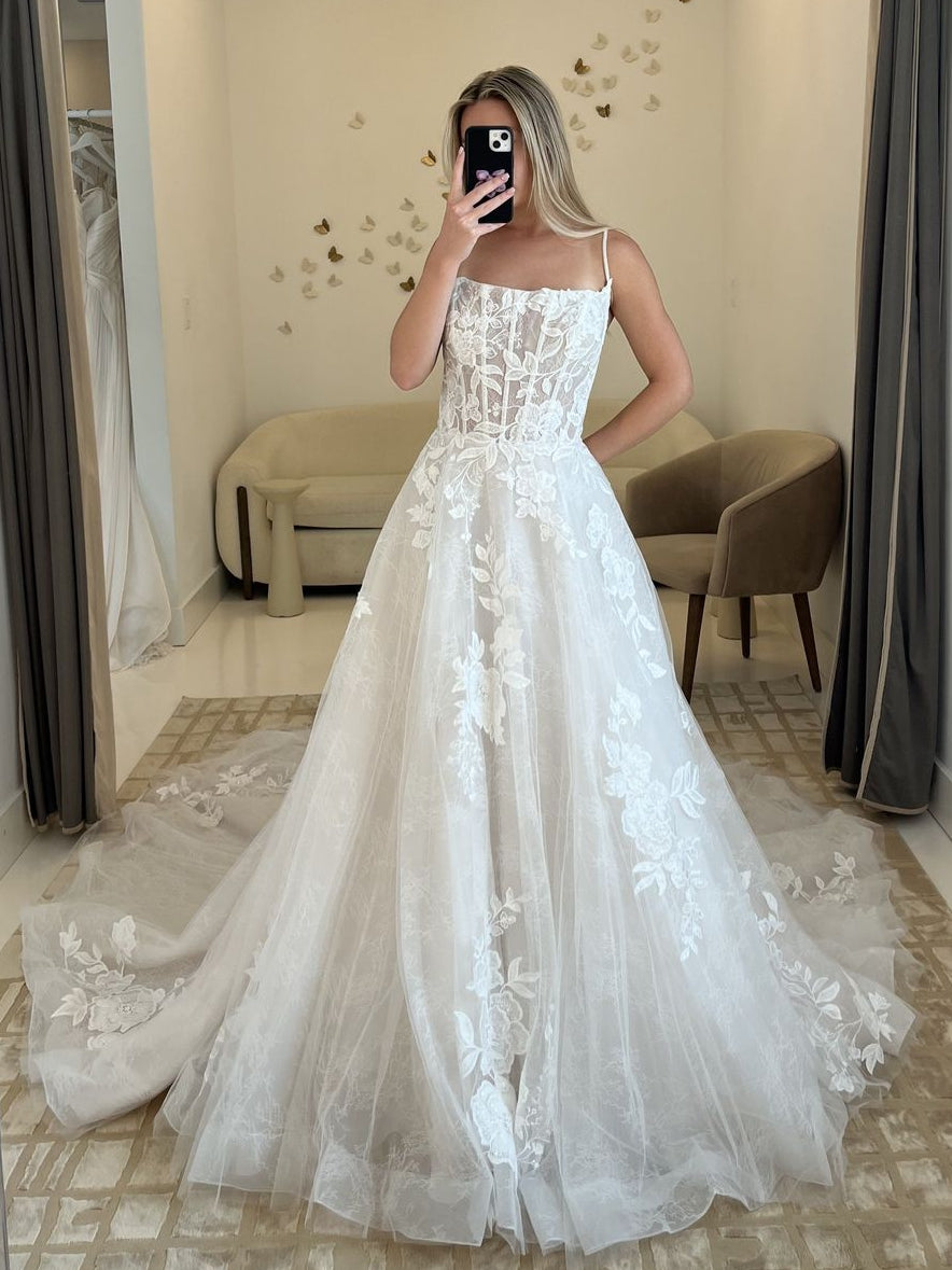 A-Line Square Neck Spaghetti Straps Lace Tulle Long Train Wedding Dress