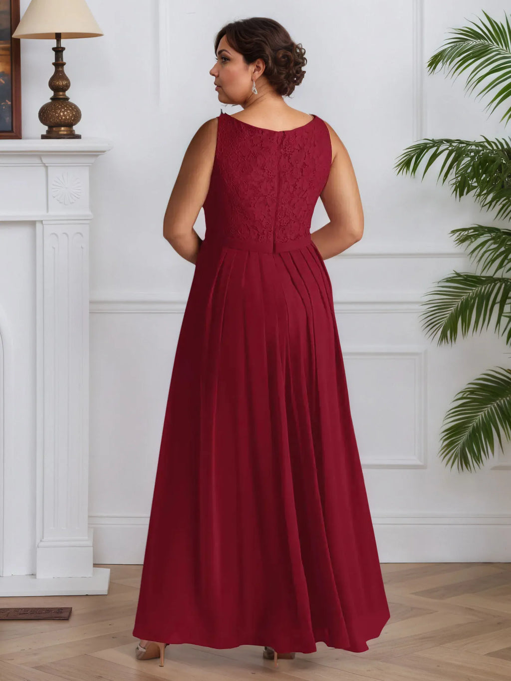 Abito da madre della sposa in chiffon con pizzo, linea A e scollo quadrato