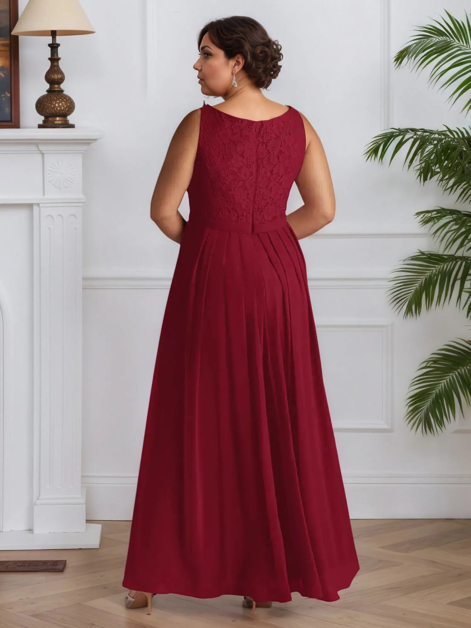 Abito da madre della sposa in chiffon con pizzo, linea A e scollo quadrato