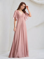 Abito da damigella lungo fino a terra in chiffon, linea a trapezio e scollo a V