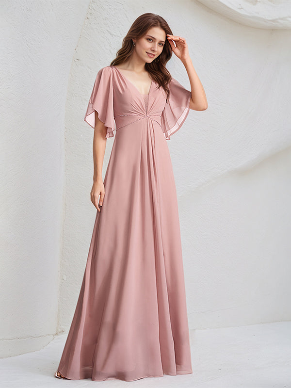 Abito da damigella lungo fino a terra in chiffon, linea a trapezio e scollo a V