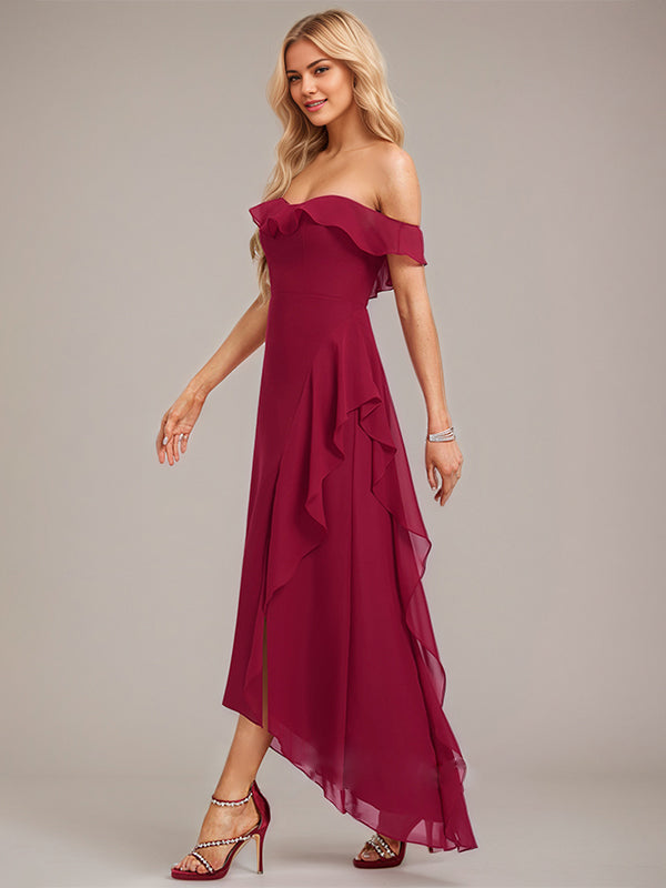 Burgundy A-Line Off The Shoulder Asymmetrical Chiffon Bridesmaid Dress With Cascading Ruffles