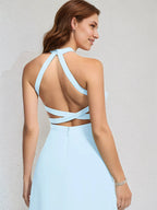 A-Linien-Himmelblaues Chiffon-Kleid mit Neckholder, ärmellos, bodenlang mit hohem Schlitz