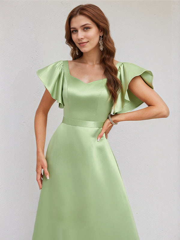 A Line Sage Satin Asymmetrical Neck Floor Length Dress With Ruffle Sleeves