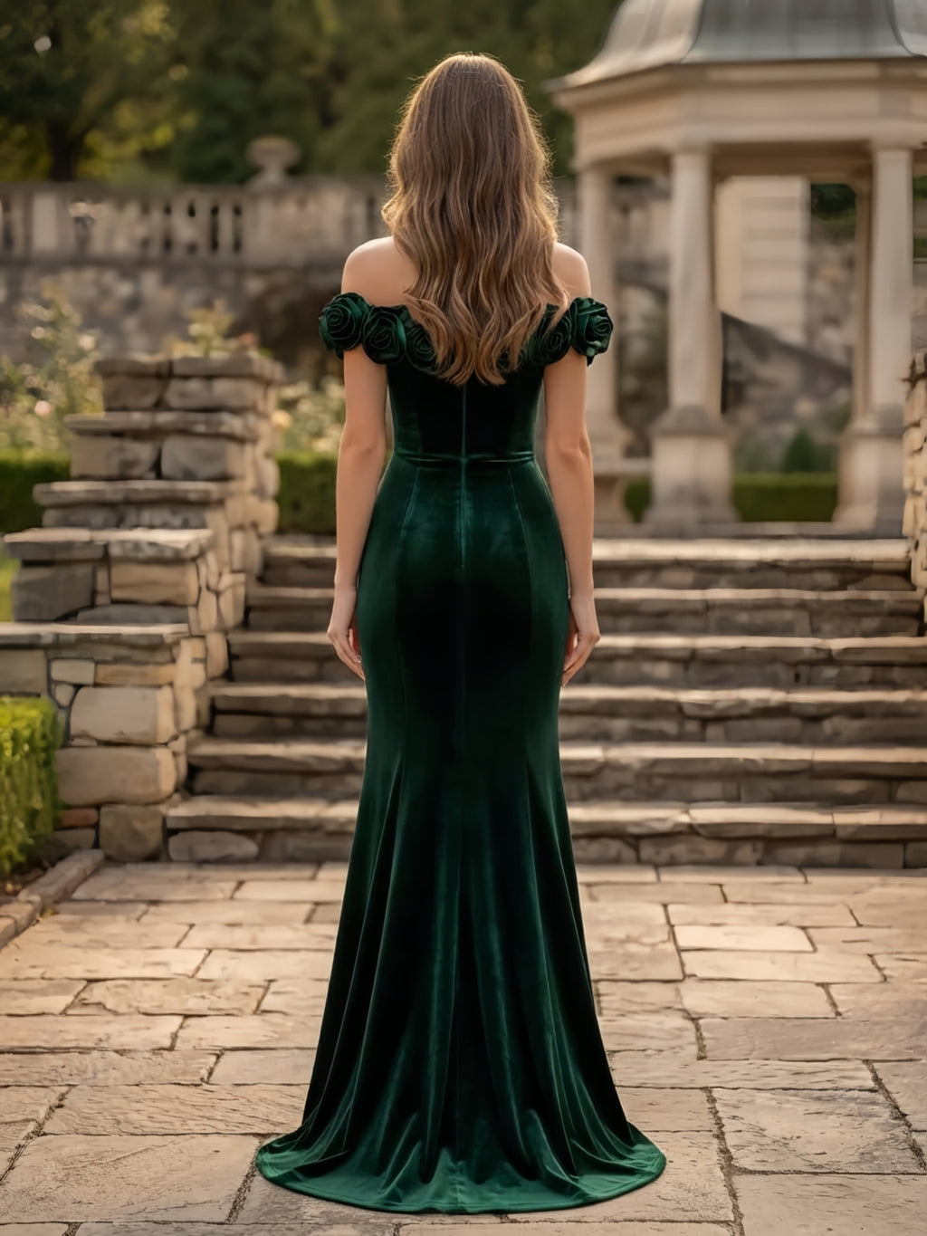 Hunter Green Off-the-Shoulder Rose-Trimmed Velvet Bridesmaid Dress