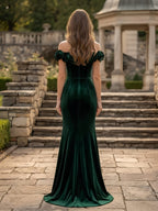 Hunter Green Off-the-Shoulder Rose-Trimmed Velvet Bridesmaid Dress