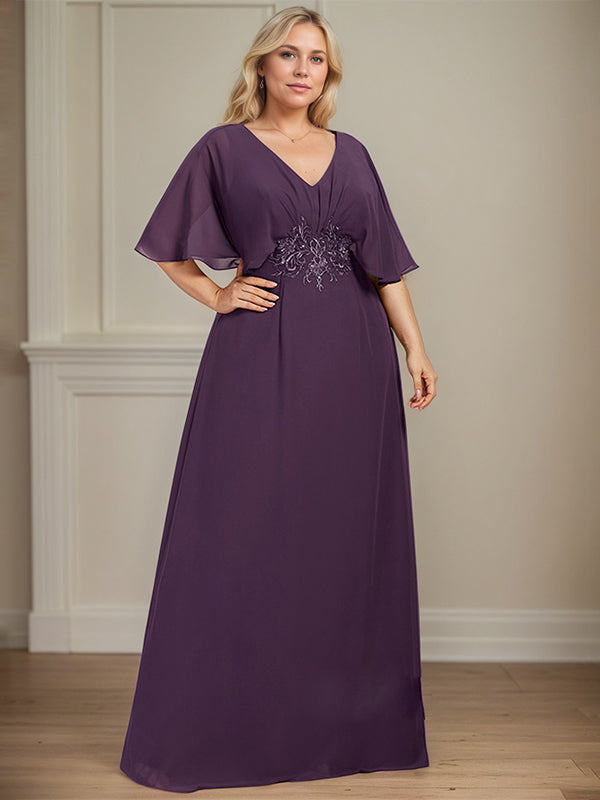 Vestido de madre de la novia largo de gasa en línea A con escote en V, apliques y plisados