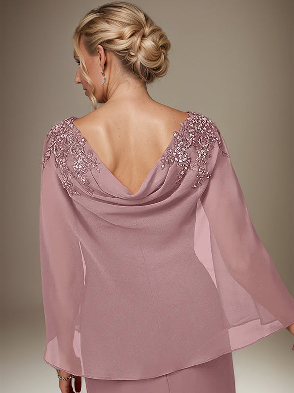Malvenfarbenes Etui/Säulen Chiffon Kleid mit Bateau-Ausschnitt und Cape-Ärmeln knielang